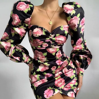 2021 Ruže Kvetinový Tlač Dlho Lístkového Rukáv Ruched Sexy Mini Šaty Jeseň Zima Ženy Strany Elegantné Streetwear Oblečenie  5