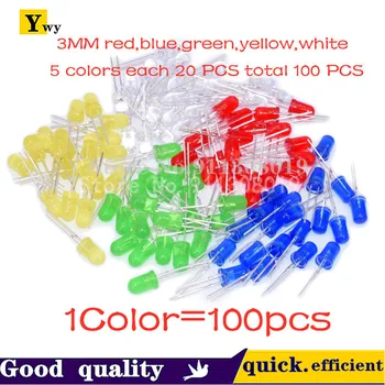 5Colors*20PCS=100KS 3mm LED diódové Svetlo Najrôznejších Súprava Biela Žltá Červená Zelená Modrá každý 20pcs Súčasť balíka  5