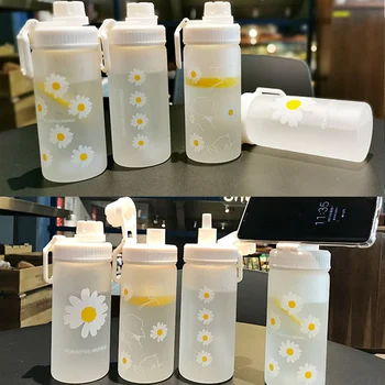 600 ml Malé Daisy Transparentných Plastových Fliaš Vody s Slamy Tvorivé Matné Fľaša na Vodu S Prenosné Lano Cestovné Šálku Čaju  10