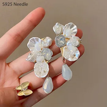 925 Sterling Silver Needle Visieť Drop Náušnice pre Ženy Šperky White Crystal Kvet Ročníka Elegantné Náušnice Žena  5