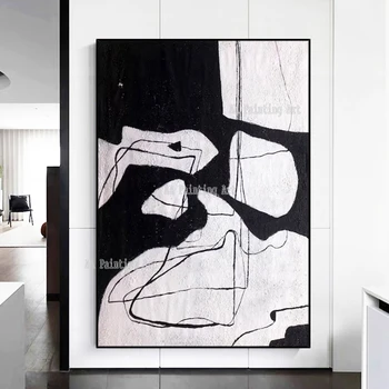 Abstraktné Akryl Čiernej A Bielej Olejomaľba Dekoratívne Jednoduchý Dizajn Stenu Obrázok, Ručné Nástenné Plátno Umenie Maľby, Kresby  0
