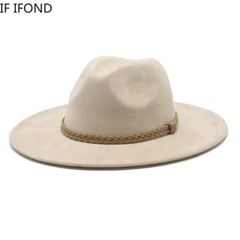 Americký Štýl Ženy Muži Semiš Vintage plstený klobúk Cítil Fedora Klobúk 8.5 cm Široký Okraj Západnej Kovbojský Klobúk Zimné Jazz Čiapky  5