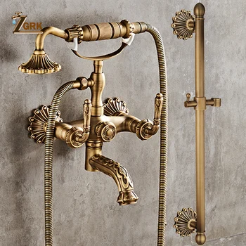 Antique Brass Vaňou, Sprchovacím Kútom Kohútikov Nastaviť Na Stenu Vane Sprchovací Nastavte Otočný Vaňou Náustok Vaňa Sprcha Dual Control Vyrezávané Ťuknite Na Položku Zmiešavač  5