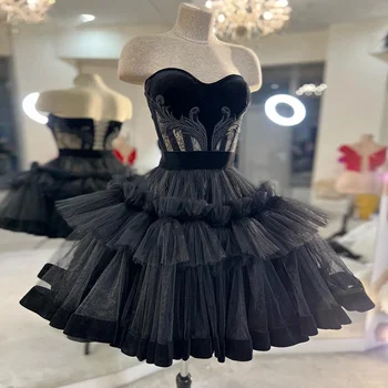Black vestidos de noche 2023 Krátky návrat domov Šaty Čipky Bonong Strany Prom Šaty Tylu Tutu Sukne Gotický Štúdia Oblečenie  5
