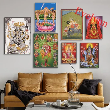 Chamunda Mata Durga Bohyne Kali Hinduistických Náboženských Vintage Plátno Plagát Moderných Domov Obývacia Izba Vytlačí Na Stenu Umenie Maľba Darček  10