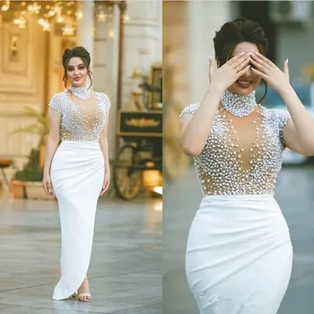 Dubaj Korálkové Prom Šaty Biele Vysoká Krku Ilúzie Vidieť Cez Spp Rukávmi Formálne Večerné Šaty Gala Plus Veľkosť Party Šaty  5