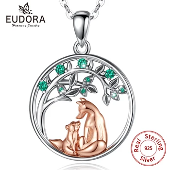 EUDORA 925 Sterling Silver Fox Matka Baby Rose Gold Color Náhrdelník Strom Života, Zelená CZ Prívesok Módne Šperky pre Ženy, Dievča  10