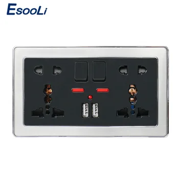 Esooli Dvojitý Univerzálny 5 Diera Prešiel Sieťovej Zásuvky S Neon 2.1 Dual USB Nabíjací Port Nehrdzavejúcej Ocele Rám Zásuvky Čierna  3