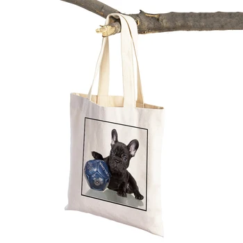 Francúzsky Buldog Psa Nákupní Taška Dvakrát Vytlačiť Opakovane Eco Cute Pet Zvierat Bežné Lady Shopper Tašky Plátno Ženy Kabelka Tote  5