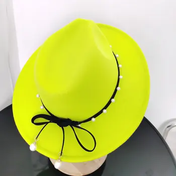 Jednoduché dámske vlnené klobúk nové žiarivkové svetlo zelená fedora klobúk kvet príslušenstvo široký okraj jazz cylinder lete Panamský klobúk  5
