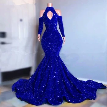 Kráľovská Modrá Sequin Morská Víla Prom Šaty Elegantné Mimo Ramenný Dlhý Rukáv Večerné Šaty Plus Veľkosť Formálnej Strany Šaty Vlastné  5