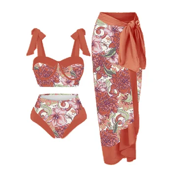 Lanswe Rose Módne Split Plavky Cover-Up Set Retro Boho Bikini Set 2023 Nové Sexy Letné Beach Spa Resort Brazílske Plavky  5