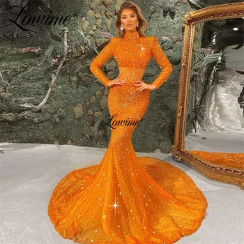 Lowime Orange Morská Víla Kolo Vlak Večerné Šaty 2022 Prispôsobiť Arabčina Dubaj Vysoká Krku Korálky Sequin Strany Celebrity Šaty  5