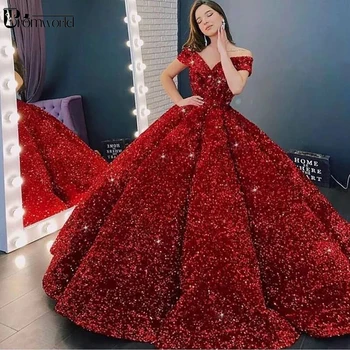 Luxusné Šumivé Červené plesové Šaty, Quinceanera Šaty 2022 Ramena Sequined Sprievod Šaty Dlhé Sweet 16 Šaty Vestidos  5