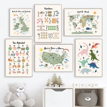 Mapa Sveta Dinosaurov Zvieratá Abeceda Vzdelávania Umelecké Plátno Na Maľovanie Nordic Plagáty Vytlačí Na Stenu Obrázky Detská Izba Decor  10