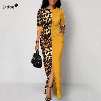 Móda Kolo Krku Patchwork Leopard Tlač Polovičný Rukáv Split Vidlica Maxi Šaty Elegantné Späť Na Zips Dizajn Higt Pás Župan Femme  10