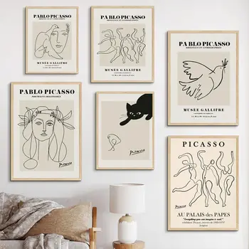 Pablo Picasso Výstava Plagátov a Vytlačí Čierna Mačka Linky Vintage Plátno na Maľovanie Moderné Galérie Wall Art Obrázky Domova  3