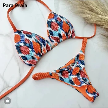 Para Praia Blue Print Halter Bikini Set 2023 High Cut Plavky Ženy Plavky Obväz Brazílske Plavky  10