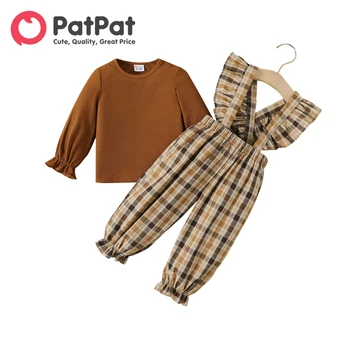 PatPat 2ks Baby Girl 100% Bavlna Koberčeky Prehrabať Výbava Podväzkové Nohavice a Hnedé Rebrovaný Long-sleeve Top Set  10