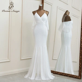 Sexy rukávy biele večerné šaty party šaty svadobné šaty šumivé šaty mariage župan de bal župan de soiree bridesmaid, šaty  5