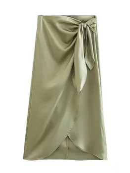 Sukne Pre Ženy, Oblečenie 2022 Módne Uviazať Uzol Predné Štrbinou Lem Vysoký Pás Midi Sukne, Elegantné Vintage Satin Sarong Zábal Sukne  5