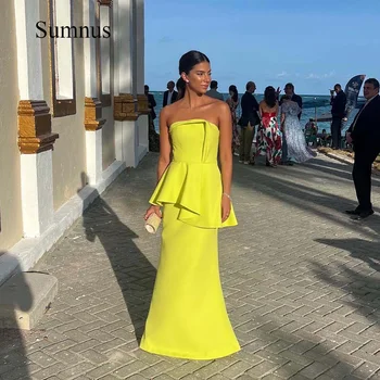 Sumnus Žltá Ramienok Elegantné Morská Víla Večer Dresess Prehodil Satin Dĺžka Podlahy Dubaj Prom Party Šaty Čipky Formálne Šaty  10