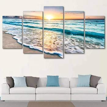 Tablo Wall Art HD Tlač Obrazov Modulárny Plagáty, Obrázky Plátno 5 Panel Vlny Na Pláži Pri západe Slnka Seascape Domova Moderné  10