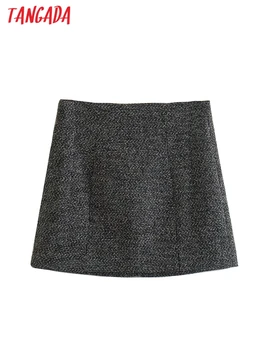 Tangada Ženy Móda Tweed Mini Sukne Vintage Vysoký Pás Bočné Zips Ženské Sukne AB37  5