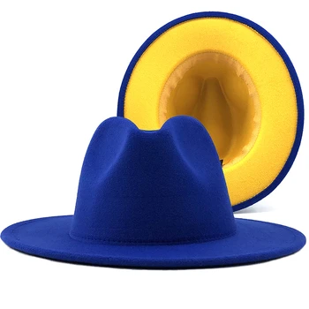 Unisex modrý Vonkajší Vnútorné žltej Vlny Cítil Jazz Fedora Klobúky s Tenkými Opasku Muži Ženy Široký Okraj Panama plstený klobúk Spp L XL  5