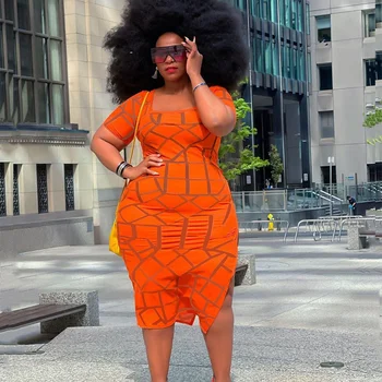 Veľké Ženy Veľkosti Oblečenie Letné 2021 Veľkoobchod Orange Midi Šaty Kockovaný Vzor, Krátky Rukáv Bežné Plus Veľkosť Šaty Dropshipping  5