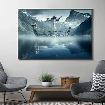 Viking Longboat V Studenej Severnom Mori Art Film Plátno na Maľovanie HD Tlač Plagátu pre Obývacia Izba Domov obrazov na Stenu, Dekorácie  3