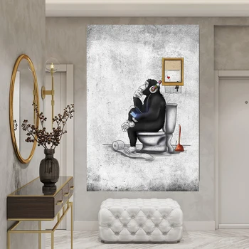 Vtipné Čiernej na Bielu Stenu Umelecké Plátno na Maľovanie DJ Myslenie Opice Wc sedátko Tlač Plagátu Toalety Bar Domáce Dekorácie Obrazy  5