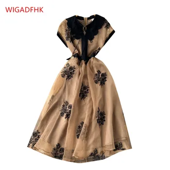 Vysoká Kvalita Vintage Vyšívané dámske Šaty Vestidos Elegantnej Čipky Bábika Golier Slim Šifón Midi Večerné Šaty Župan Femme  10