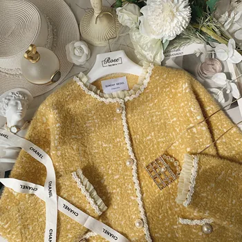 Zimné Elegantný Retro Pearl Lištovanie Žltý Sveter Kabát Ženy Tlačidlo Hore Formálne Pletené Vesty Čipky O Krk Bežné Knitwear Topy  10