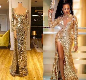 Zlato Sexy Morská panna Večerné Šaty s dlhým rukávom Vysoká Rozdeliť zrkadlo diamanty Plus Veľkosť Prom zapojenie Sprievod šaty Vestidos  5