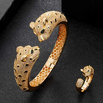 Zlxgirl šperky Nový príchod veľké značky leopard náramok a prsteň svadobné šperky nastaviť úplné AAA cubic zirconia Zlatý náramok anel nastaviť  2