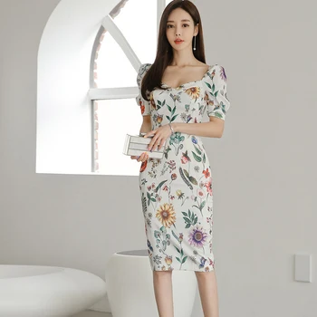 nový príchod ženy móda bodycon šaty kórejský štýl temperament lete námestie golier elegantné pláži sexy kvetinová ceruzka šaty  5
