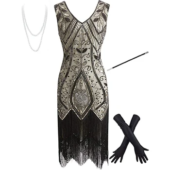 Ženské Vintage 1920 Šaty tvaru Sequin Art Deco Krídlovky Šaty s 20s Gatsby Príslušenstvo Nastaviť vestidos de fiesta  10